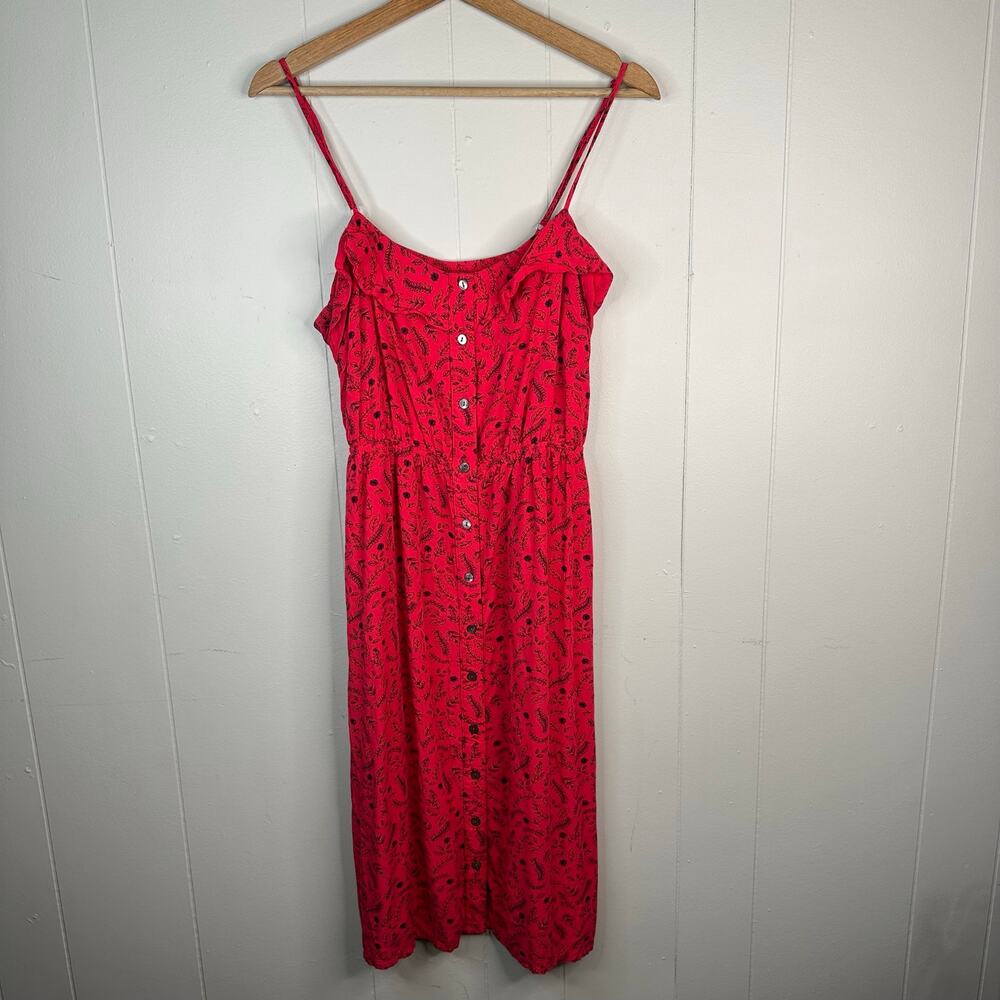 Universal Thread Women L Red Floral Midi Dress Button Front Tie Waist Whimsygoth